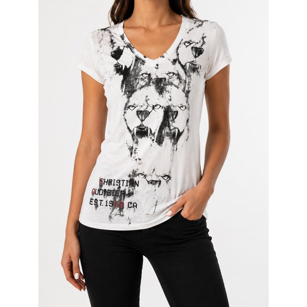 Christian Audigier Lion Graphic V-Neck‎ White T-Shirt Women's Size (L)